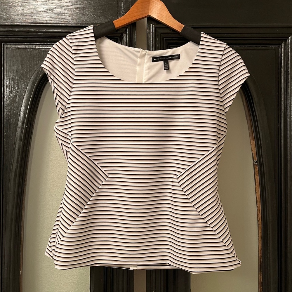 White House Black Market White and Black Striped Cap Sleeve Peplum Top
